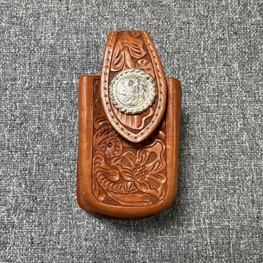 Hand Tooled Leather Money Clip Wallet Western Floral Concho Brown Vintage Y2K